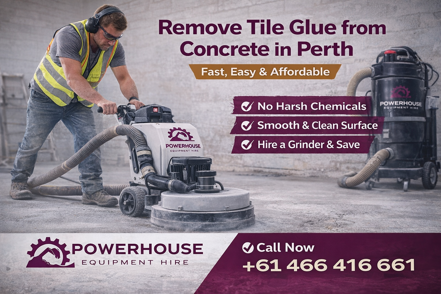 Removing tile glue from concrete using grinder machine Perth